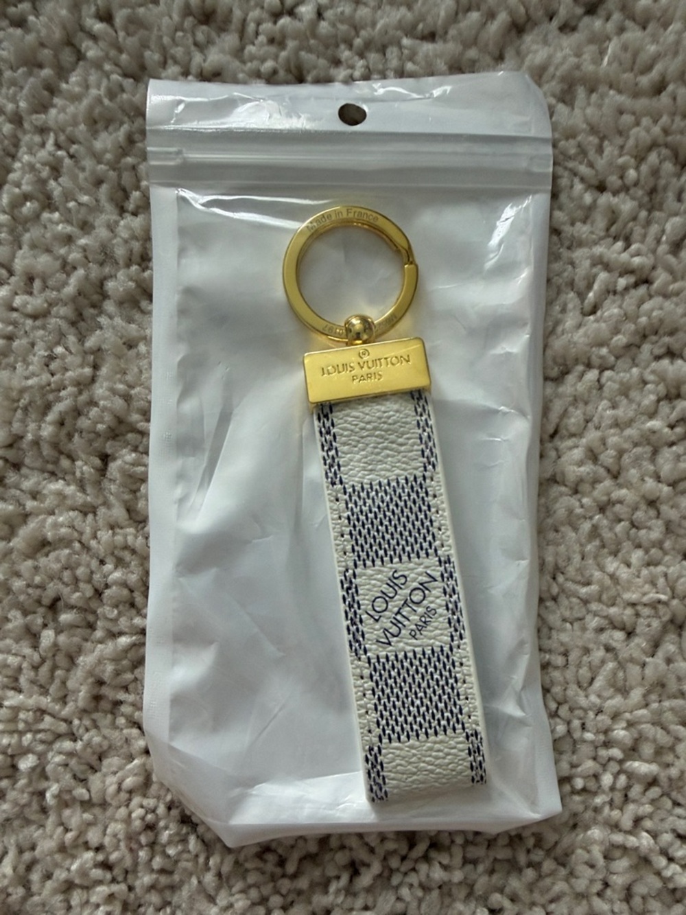 LV-ish Cream and Blue Damier Azur Key Holder with Gold Hardware